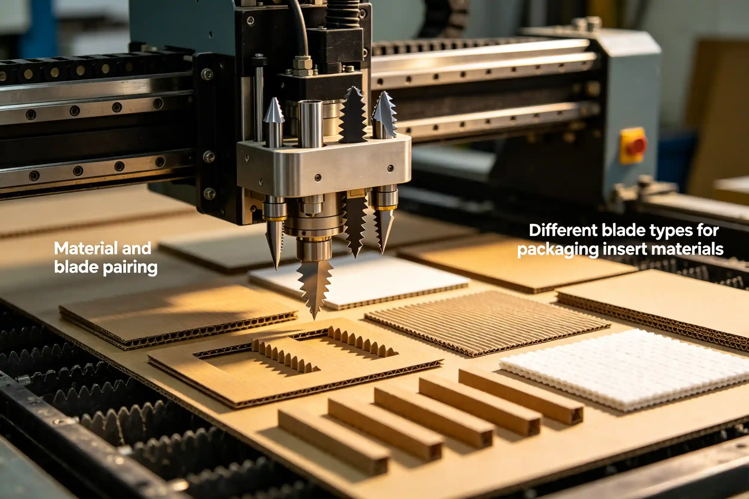 Different blade types for packaging insert materials Material and blade pairing