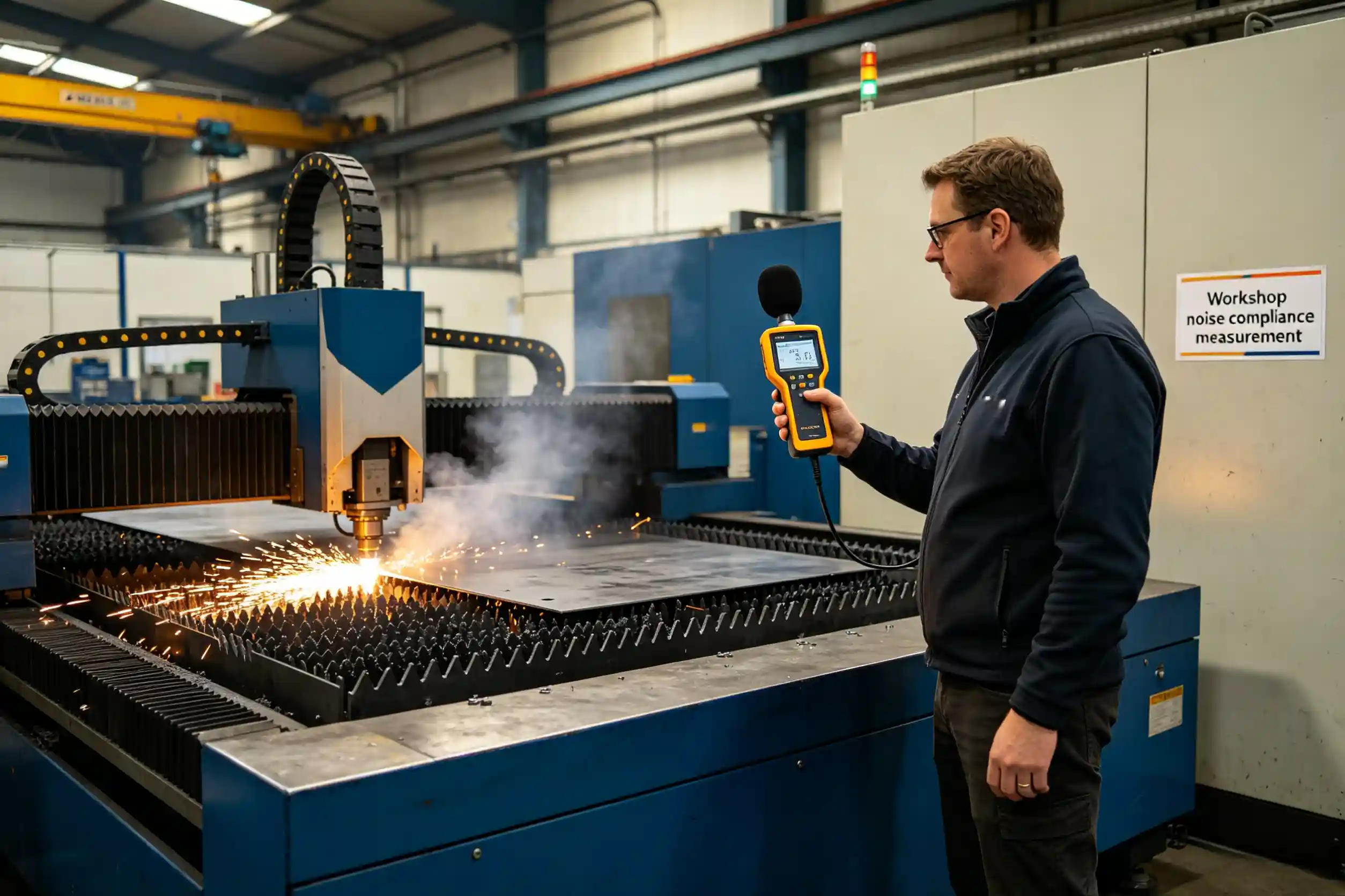 Quality control manager measuring noise levels in cutting workshop Workshop noise compliance measurement