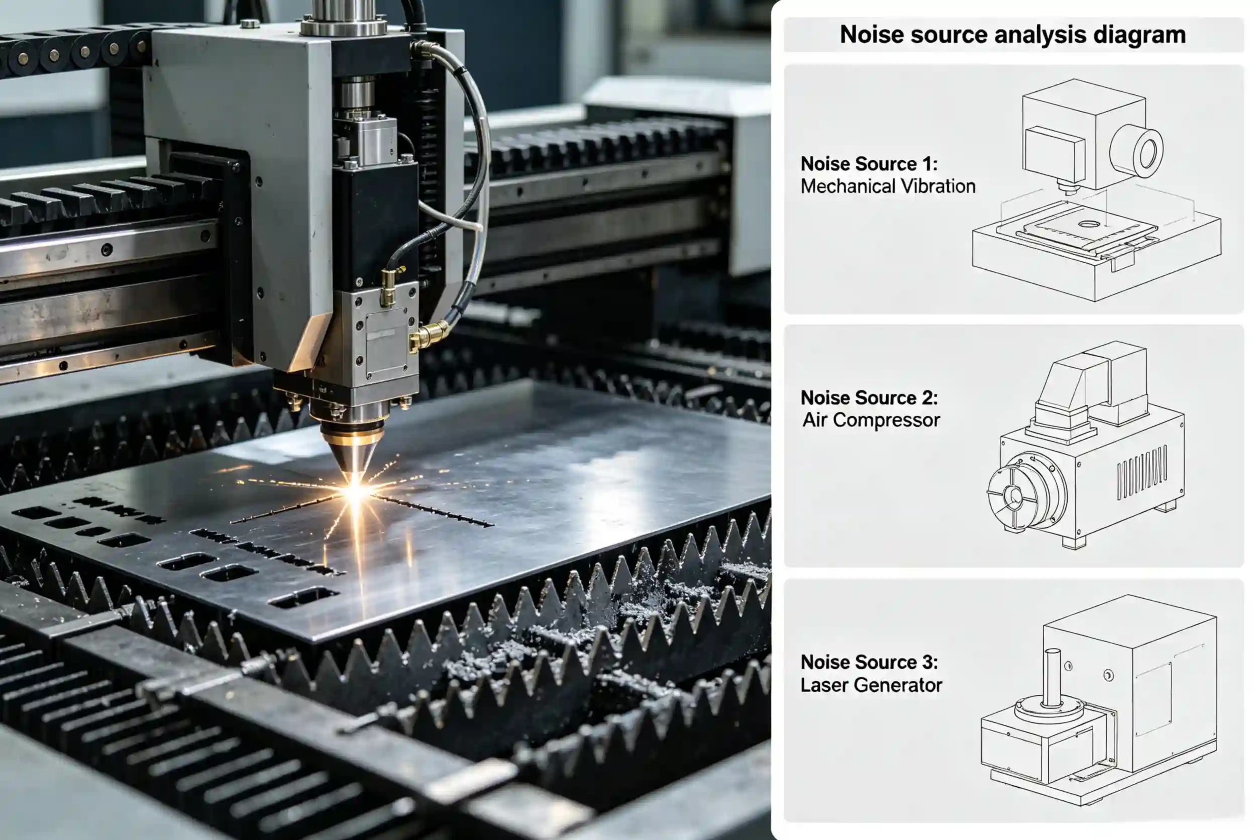 Technical diagram showing three noise sources in cutting machines Noise source analysis diagram