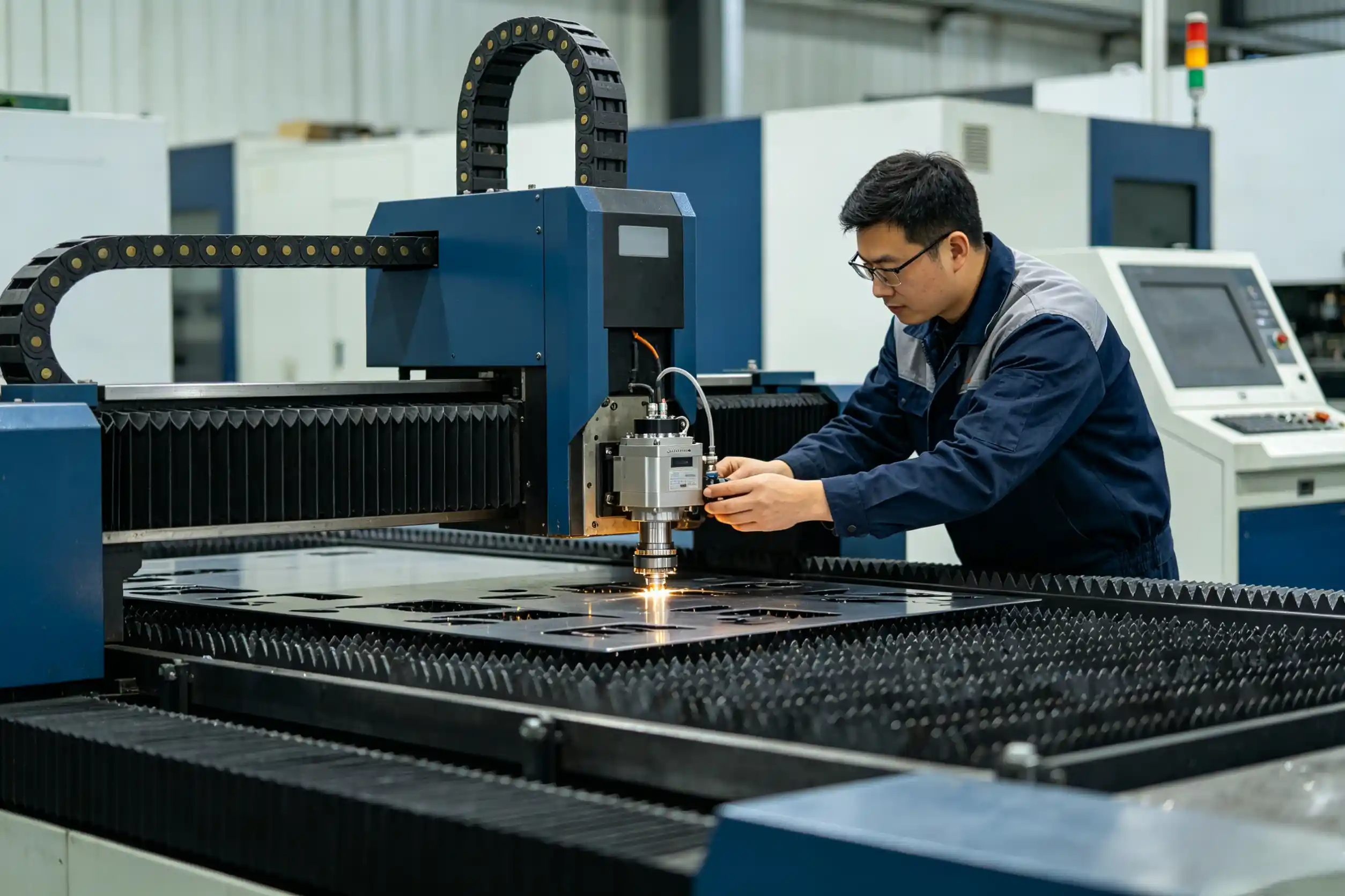 Engineer adjusting cutting machine with precision components Integrated noise reduction approach