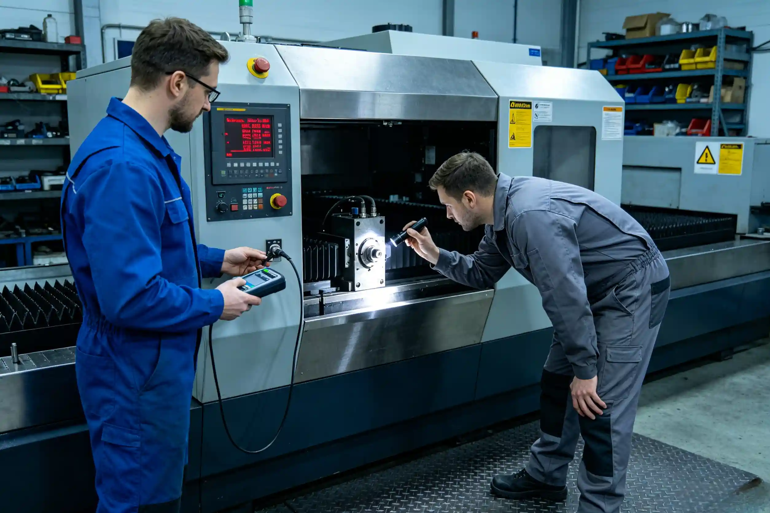 Technician inspecting cutting machine sensors Operator checking machine sensors based on fault code