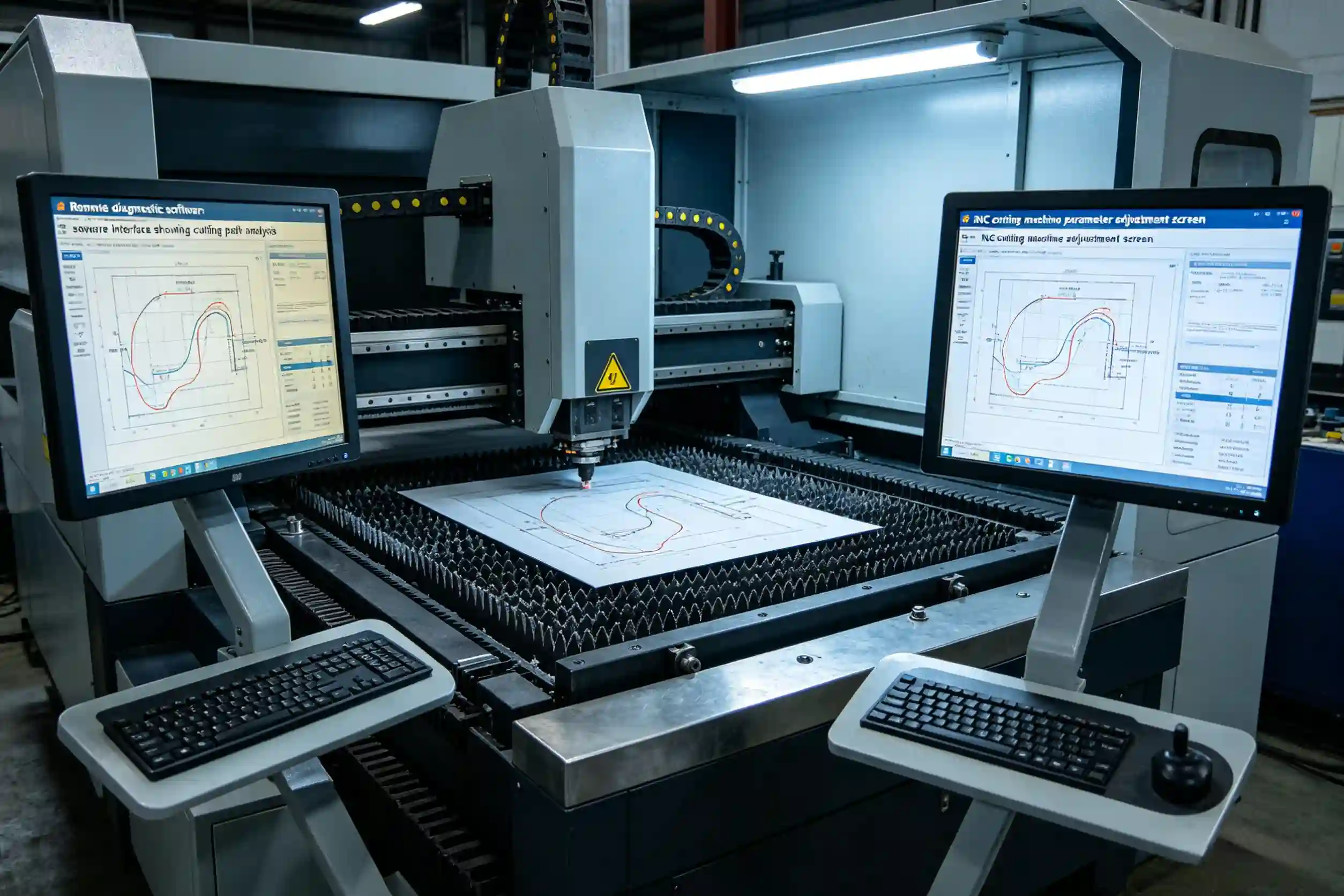 CNC cutting machine parameter adjustment screen Remote diagnostic software interface showing cutting path analysis