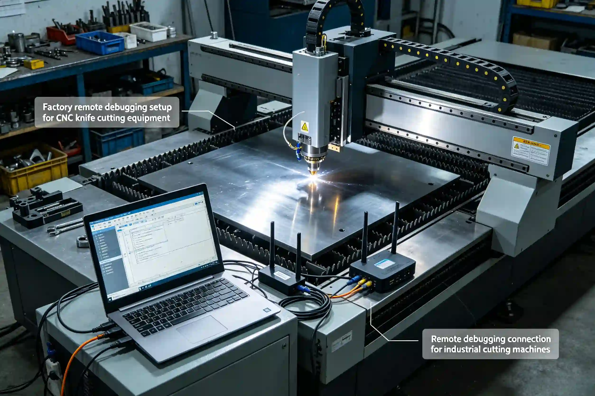 Remote debugging connection for industrial cutting machines Factory remote debugging setup for CNC knife cutting equipment