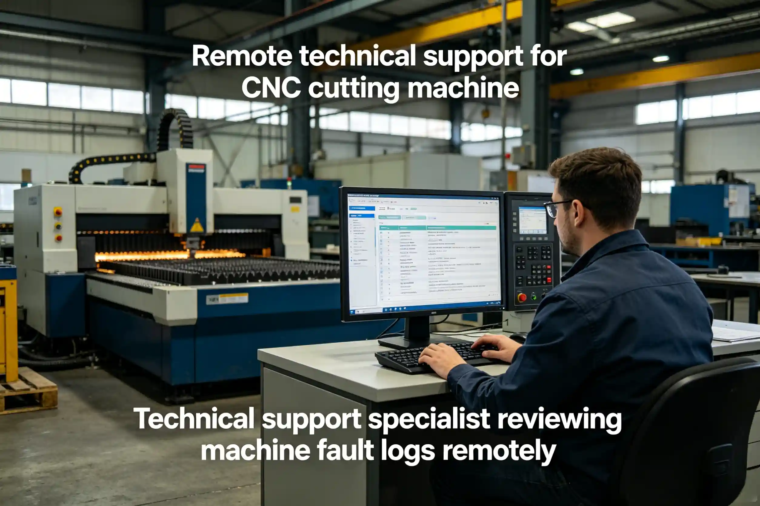 Remote technical support for CNC cutting machine Technical support specialist reviewing machine fault logs remotely