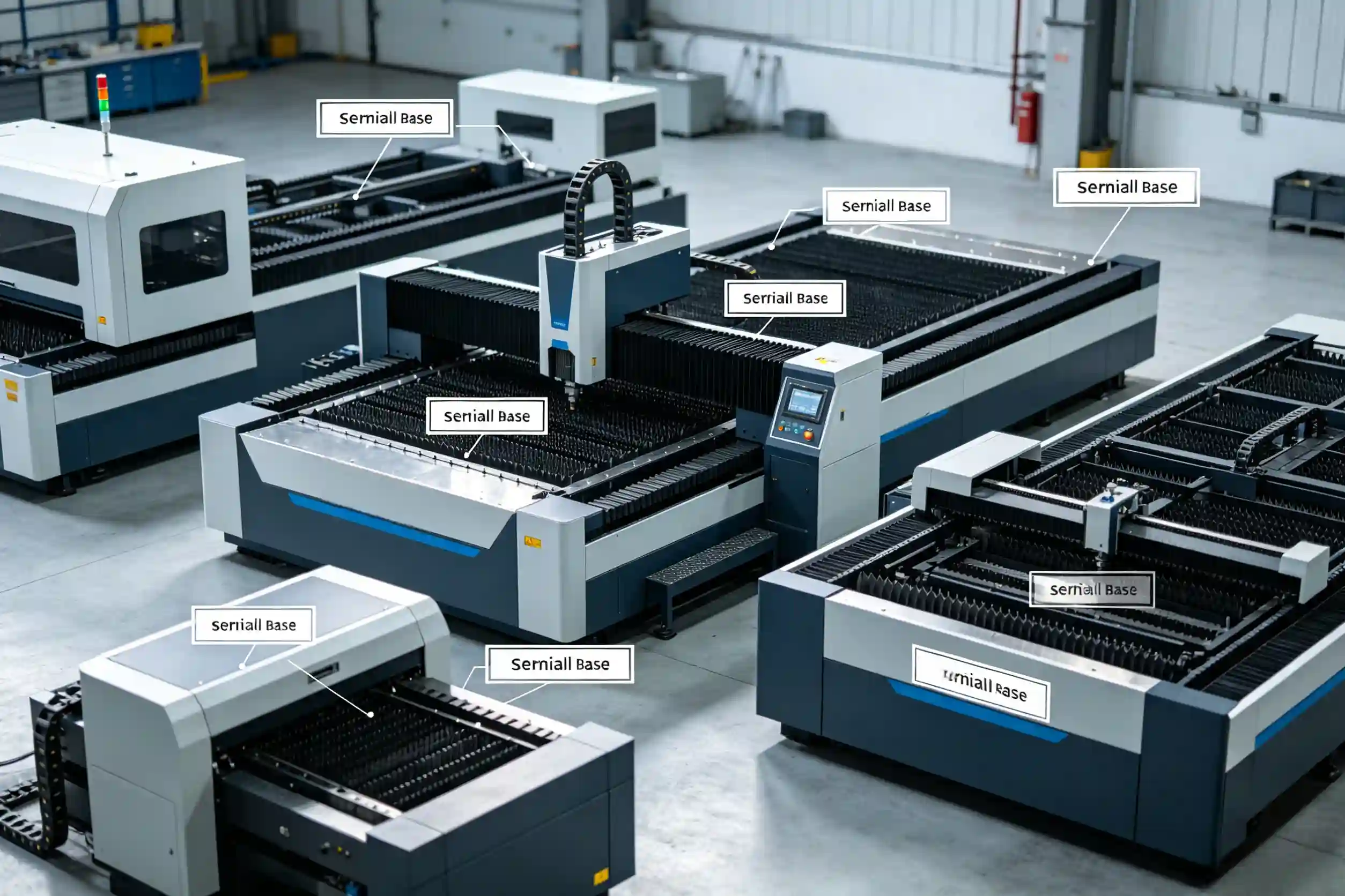 Serial plate location on different knife cutting machine models Exploded view of machine with serial plate highlighted