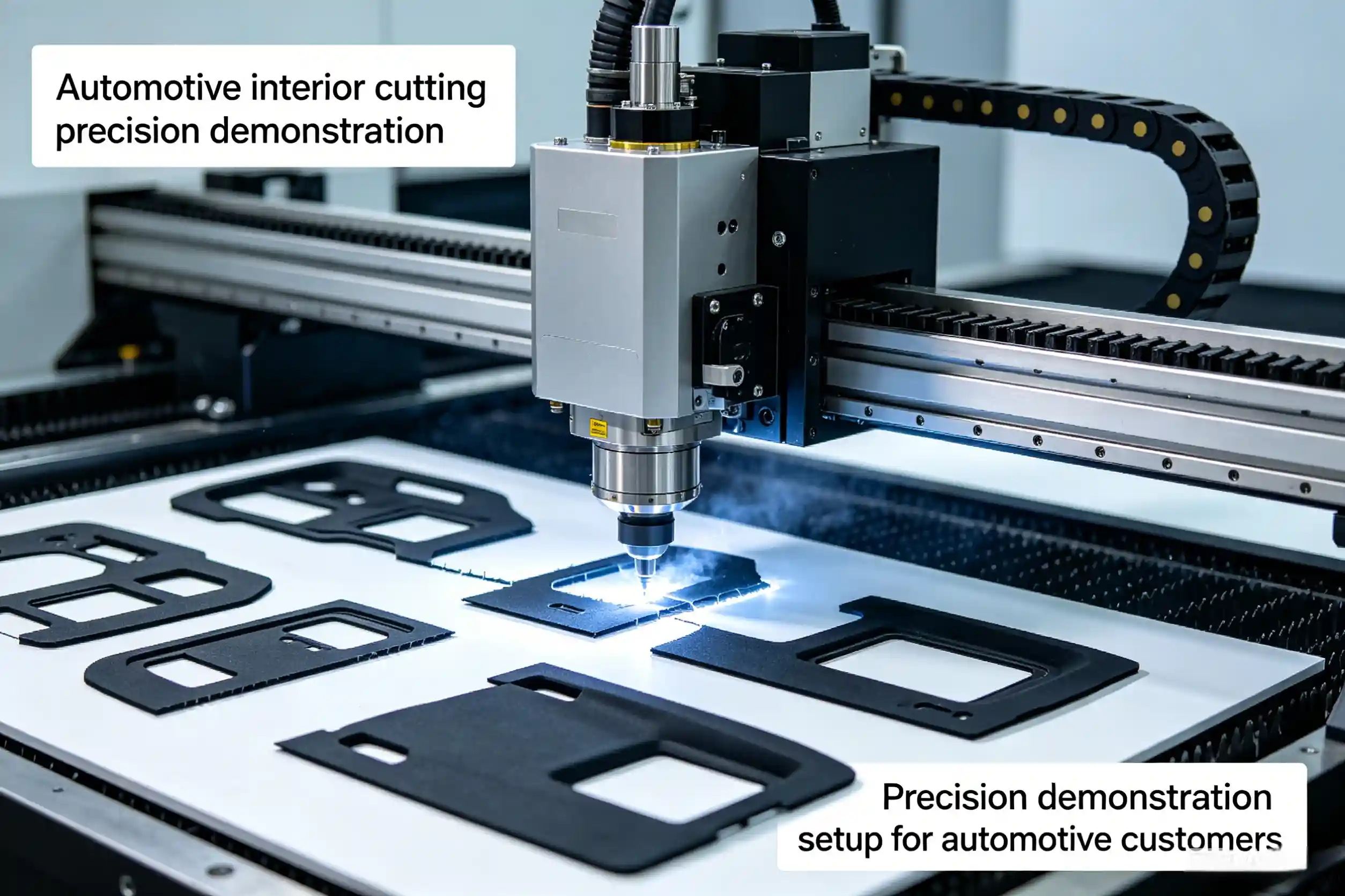 Precision demonstration setup for automotive customers Automotive interior cutting precision demonstration
