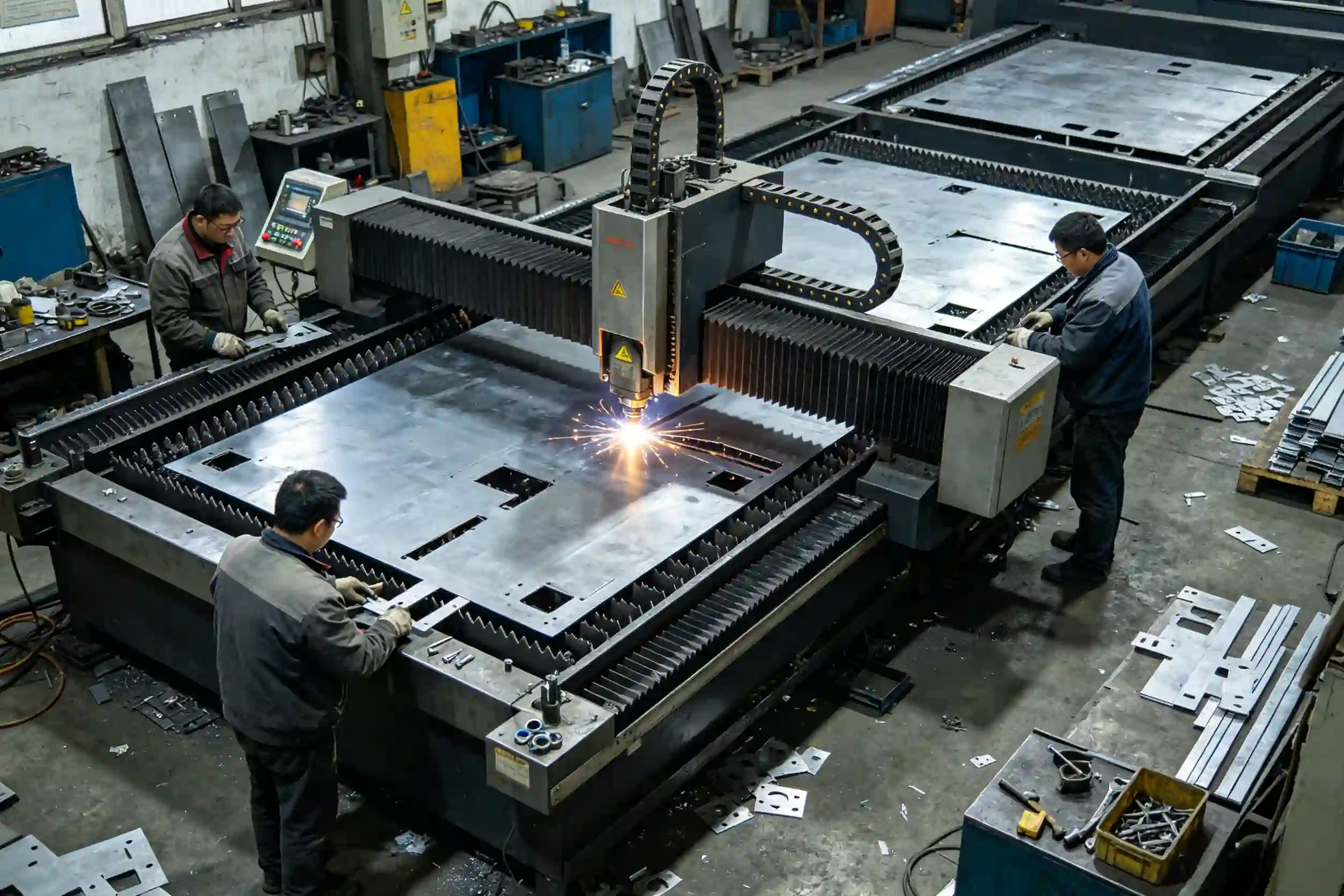CNC cutting machine manufacturing capacity verification Fabric cutting equipment production floor with active assembly