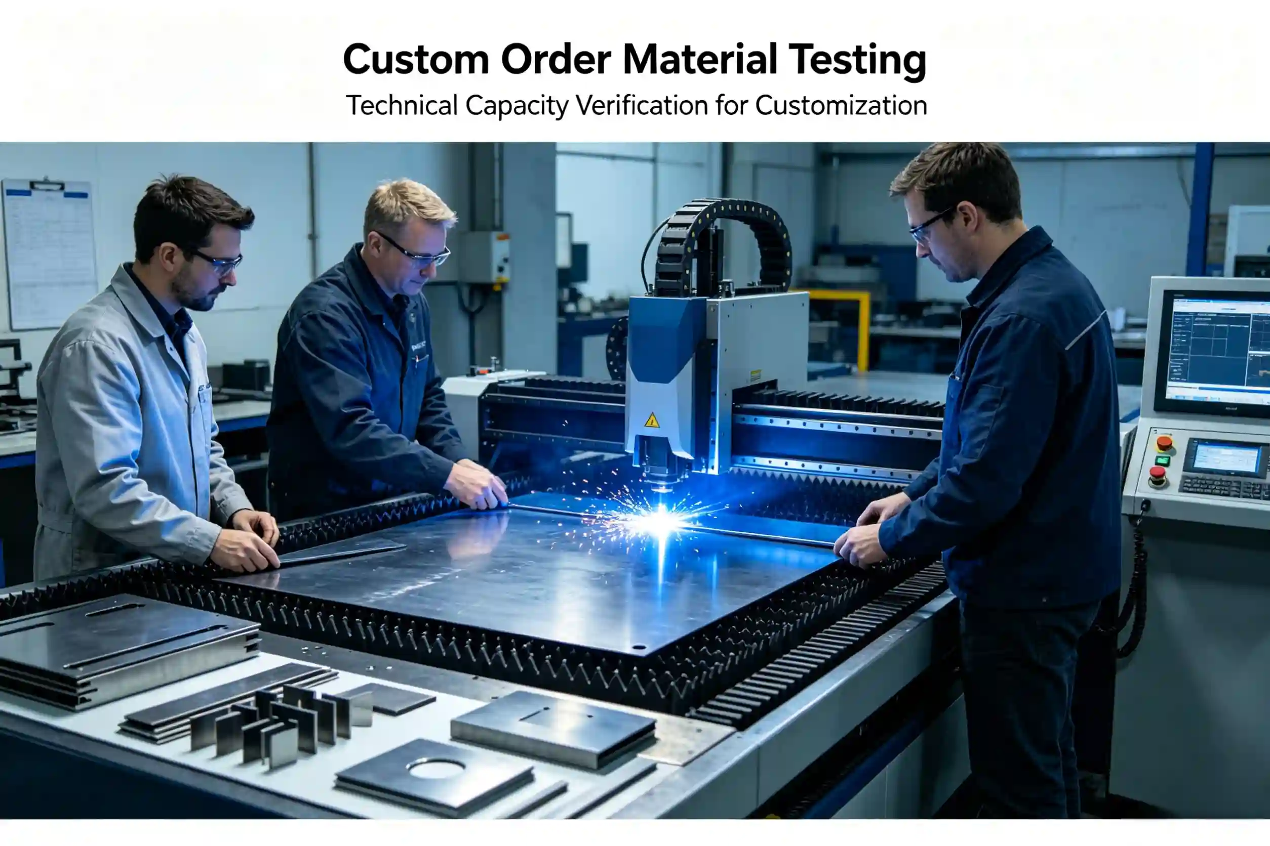 Technical capacity verification for customization Engineering team conducting material testing for custom order