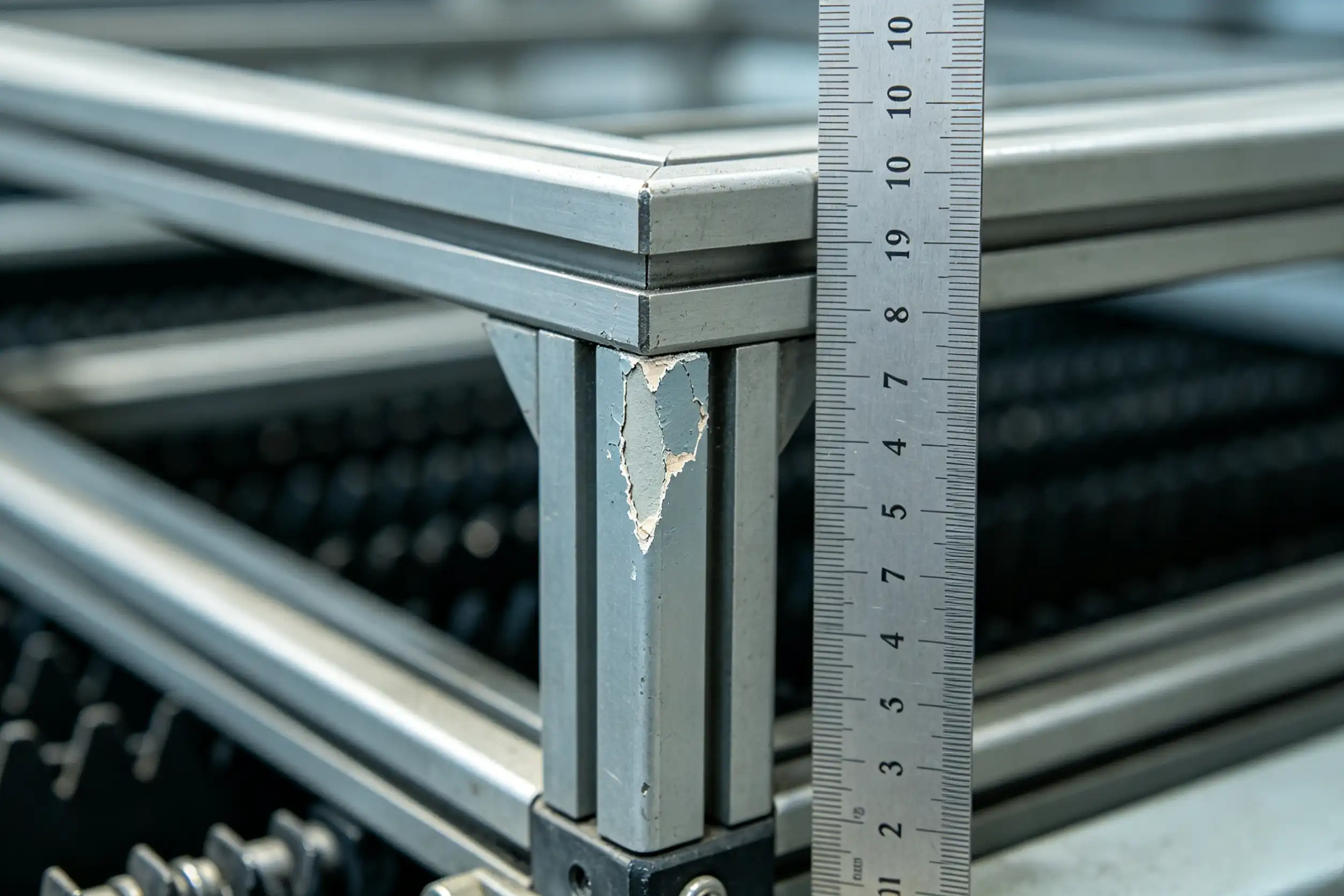 small paint chip on knife cutting machine frame with measurement scale minor cosmetic defect documentation