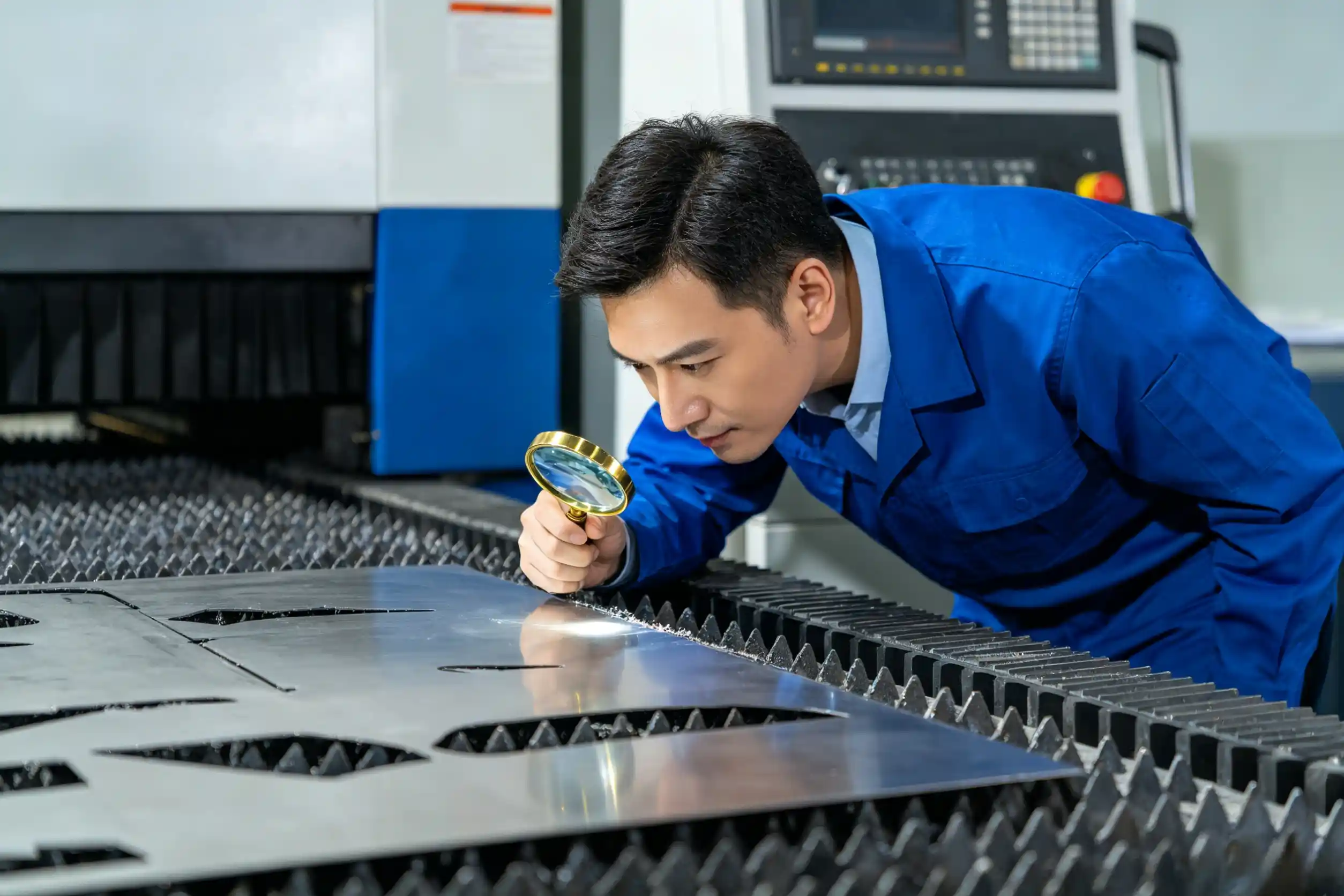 Customer inspecting cut edges closely Customer examining cut quality