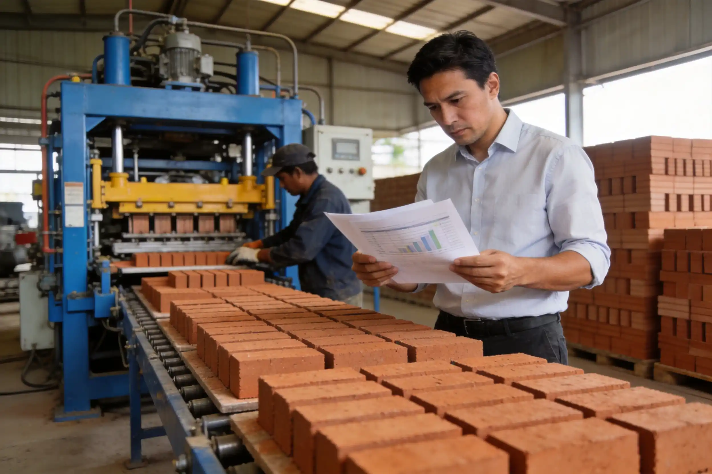 Small manufacturer evaluating equipment investment Business owner reviewing financial documents