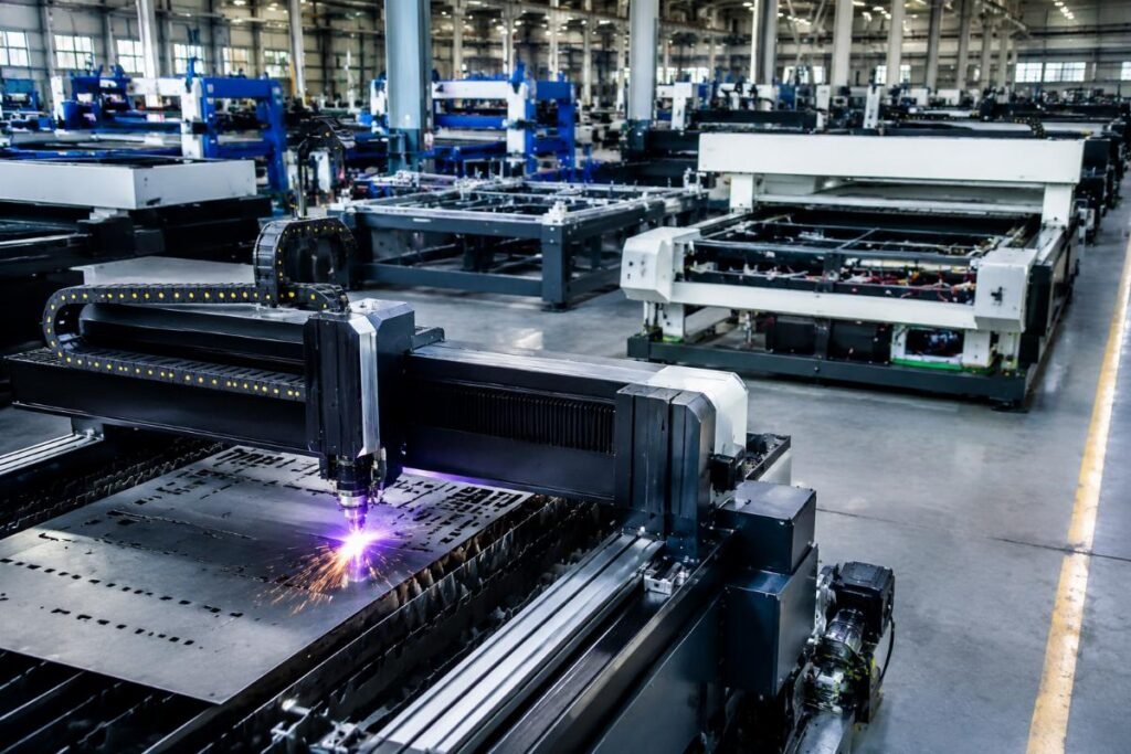 Fabric cutting equipment production floor with active assembly