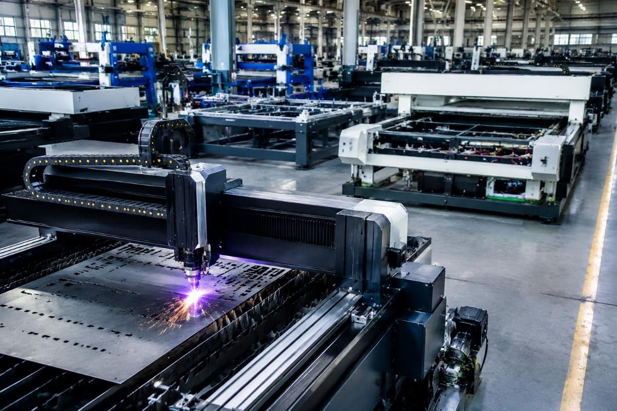 Fabric cutting equipment production floor with active assembly