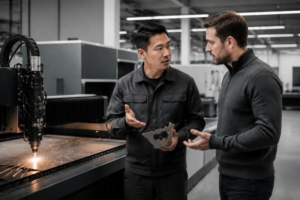 Distributor handling customer complaint about knife cutting machine