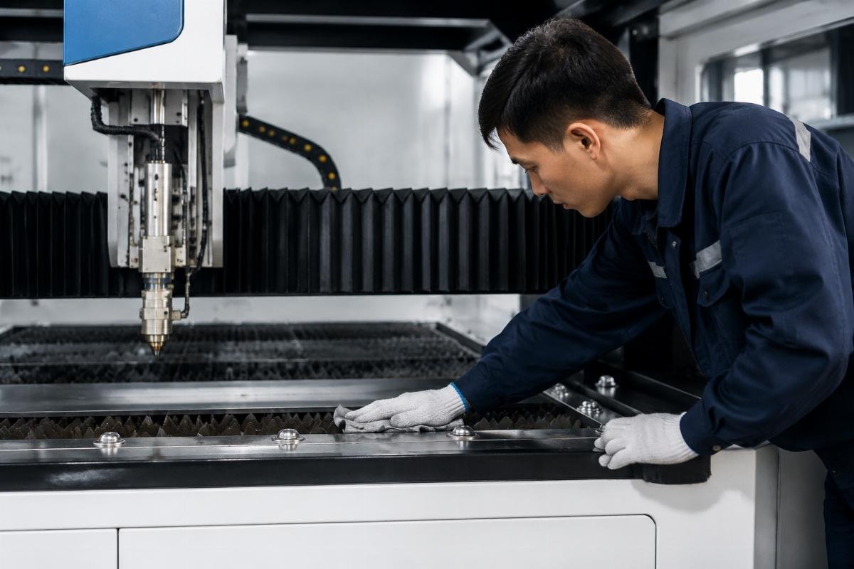 Factory operator following cleaning checklist steps Pre-shift cleaning checklist being performed
