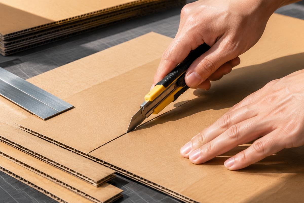 manual cardboard cutting with utility knife