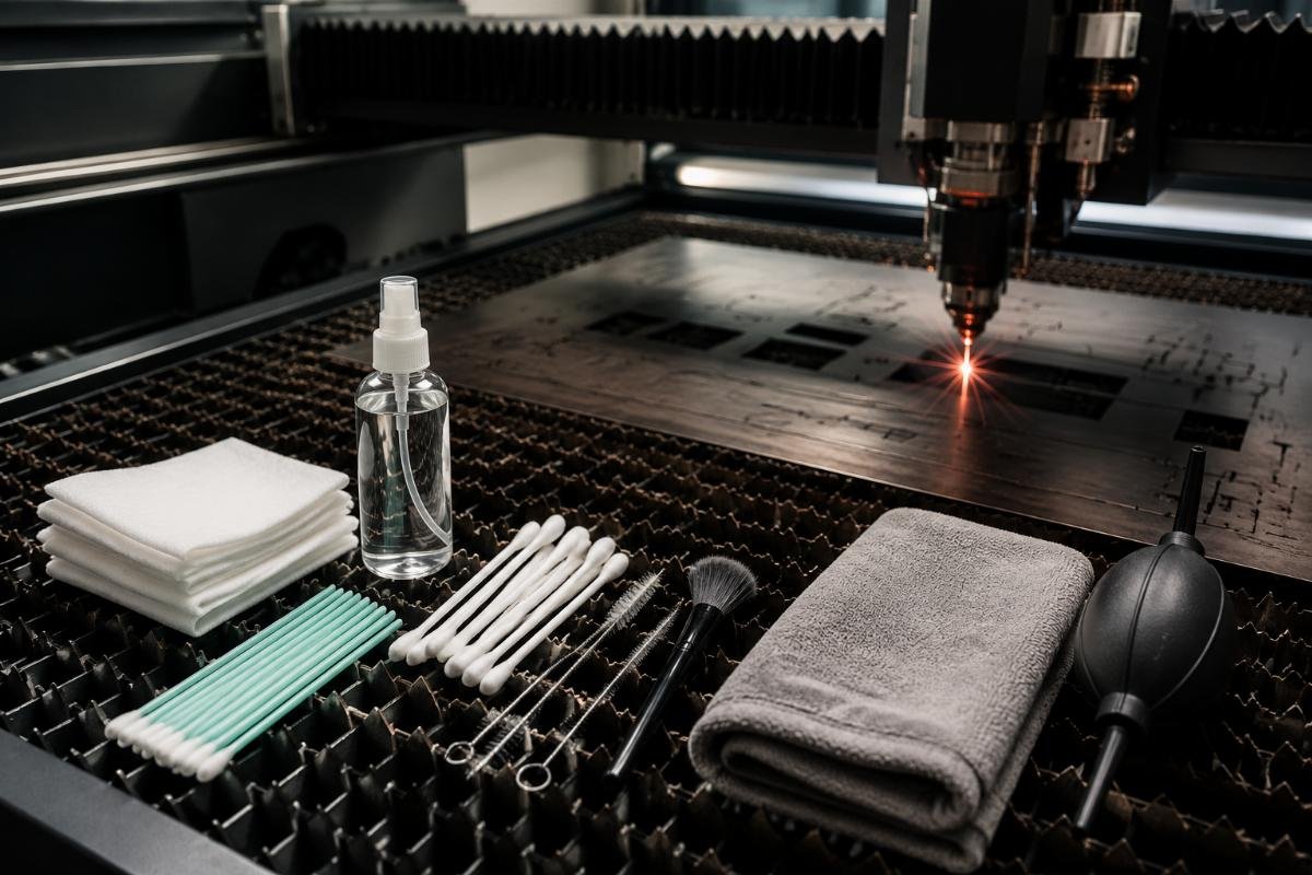 Layout of cleaning materials needed for leather cutting machine maintenance Cleaning tools and supplies for daily maintenance