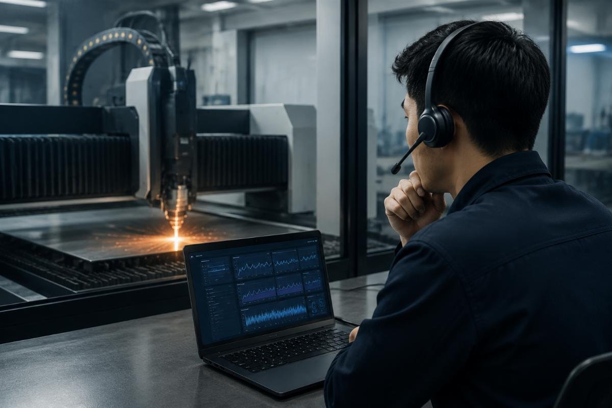 Technical support specialist reviewing machine fault logs remotely