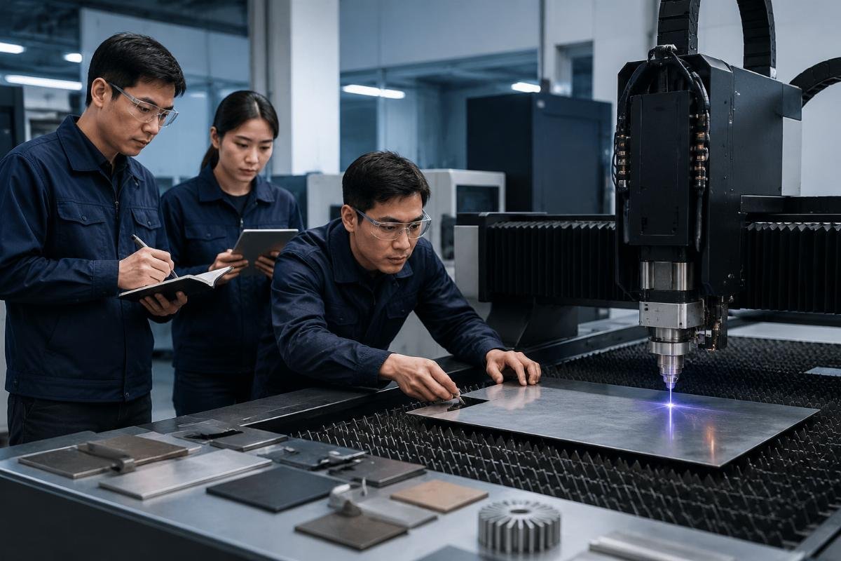 Engineering team conducting material testing for custom order