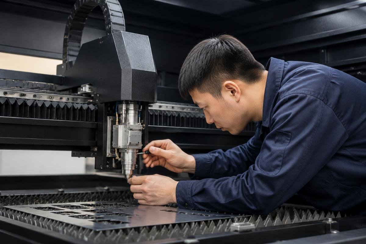 Technician performing detailed maintenance inspection Maintenance service inspection of cutting machine