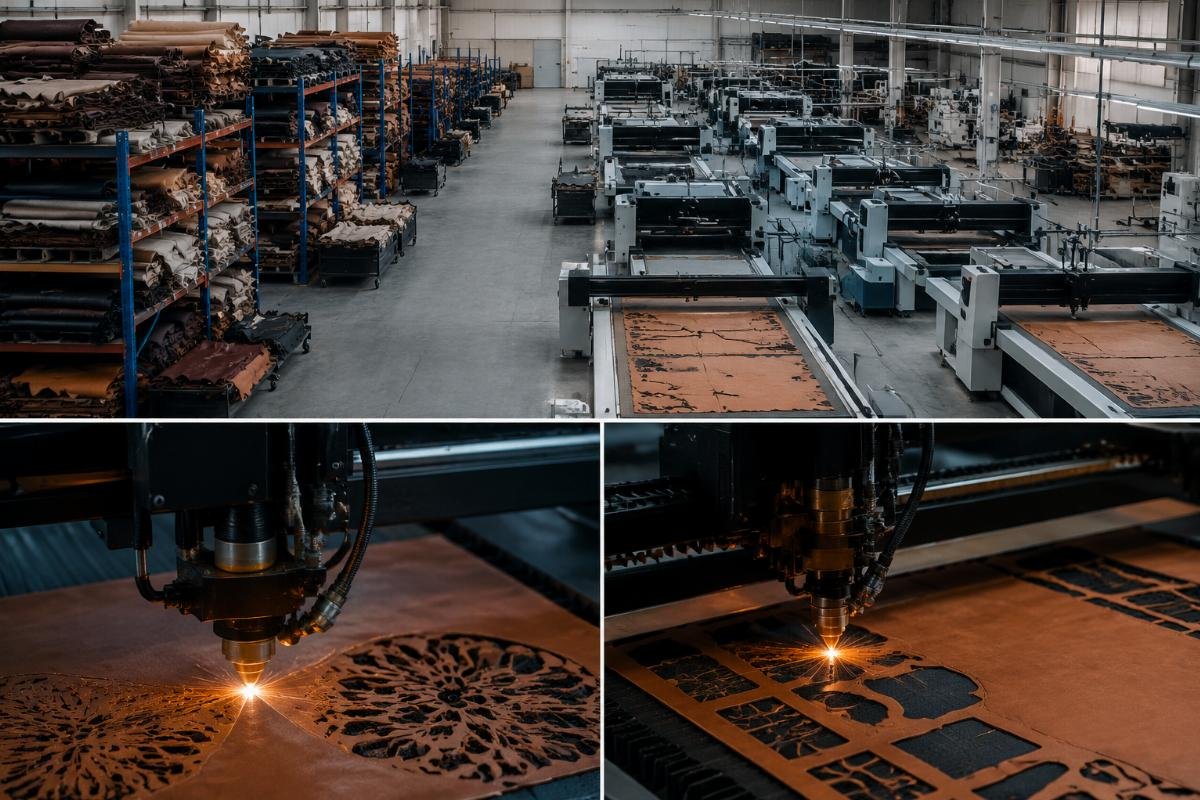 Leather processing workshop layout with cutters adjacent to raw material storage