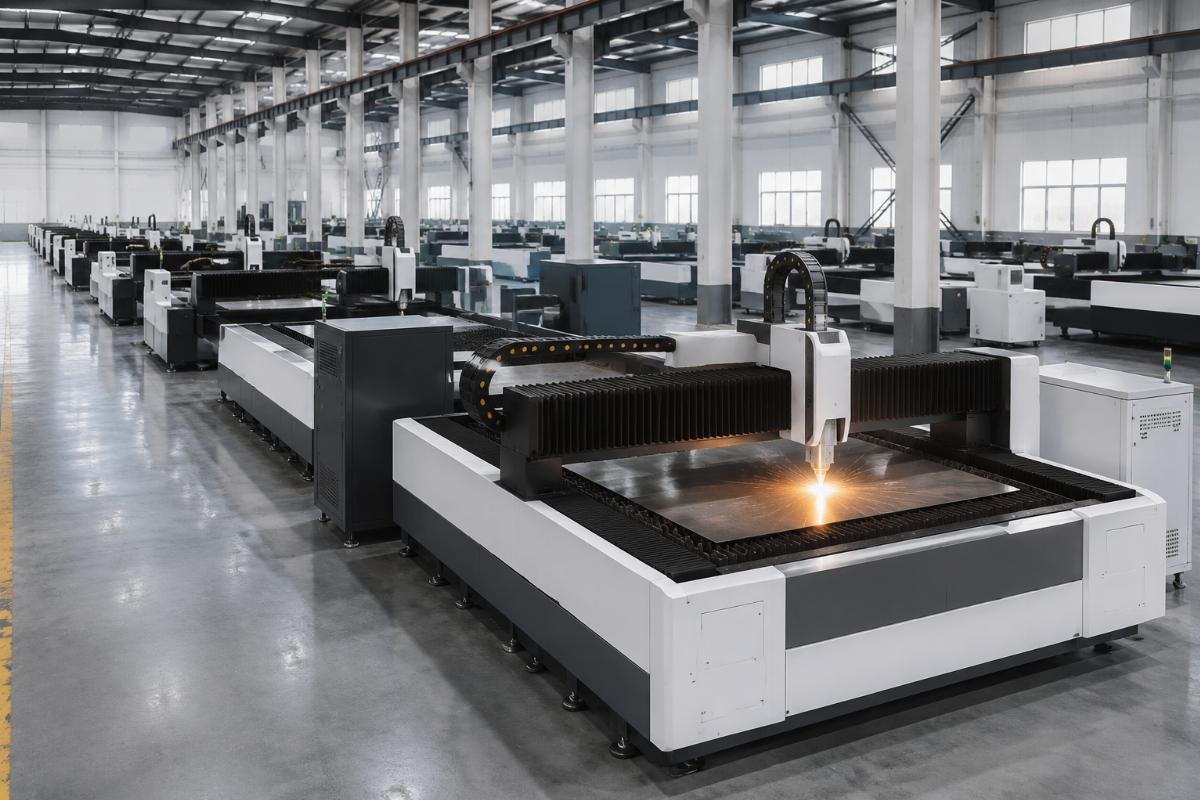 Packaging factory CNC cutting line layout with 1.2m machine spacing