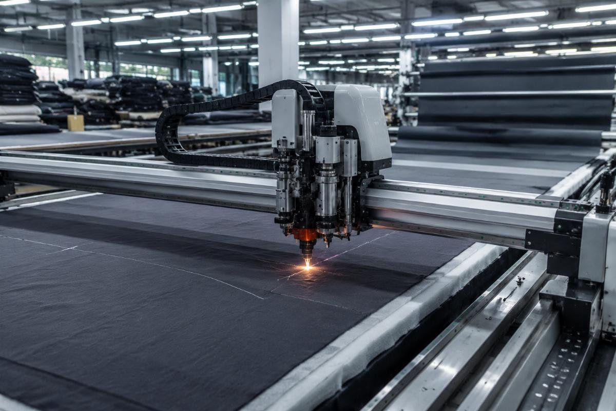 A single automated multi-layer CNC cutting machine running at full capacity in a Southeast Asian textile factory