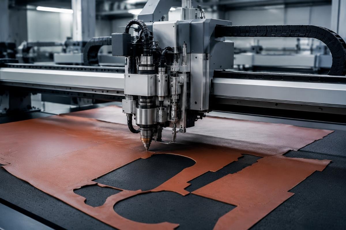 Factory floor with operational CNC oscillating knife cutting machine processing automotive leather material