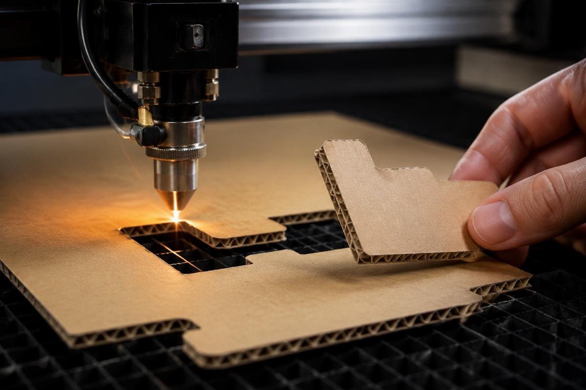 A close-up of clean, burr-free edges on corrugated cardboard cut by a CNC machine