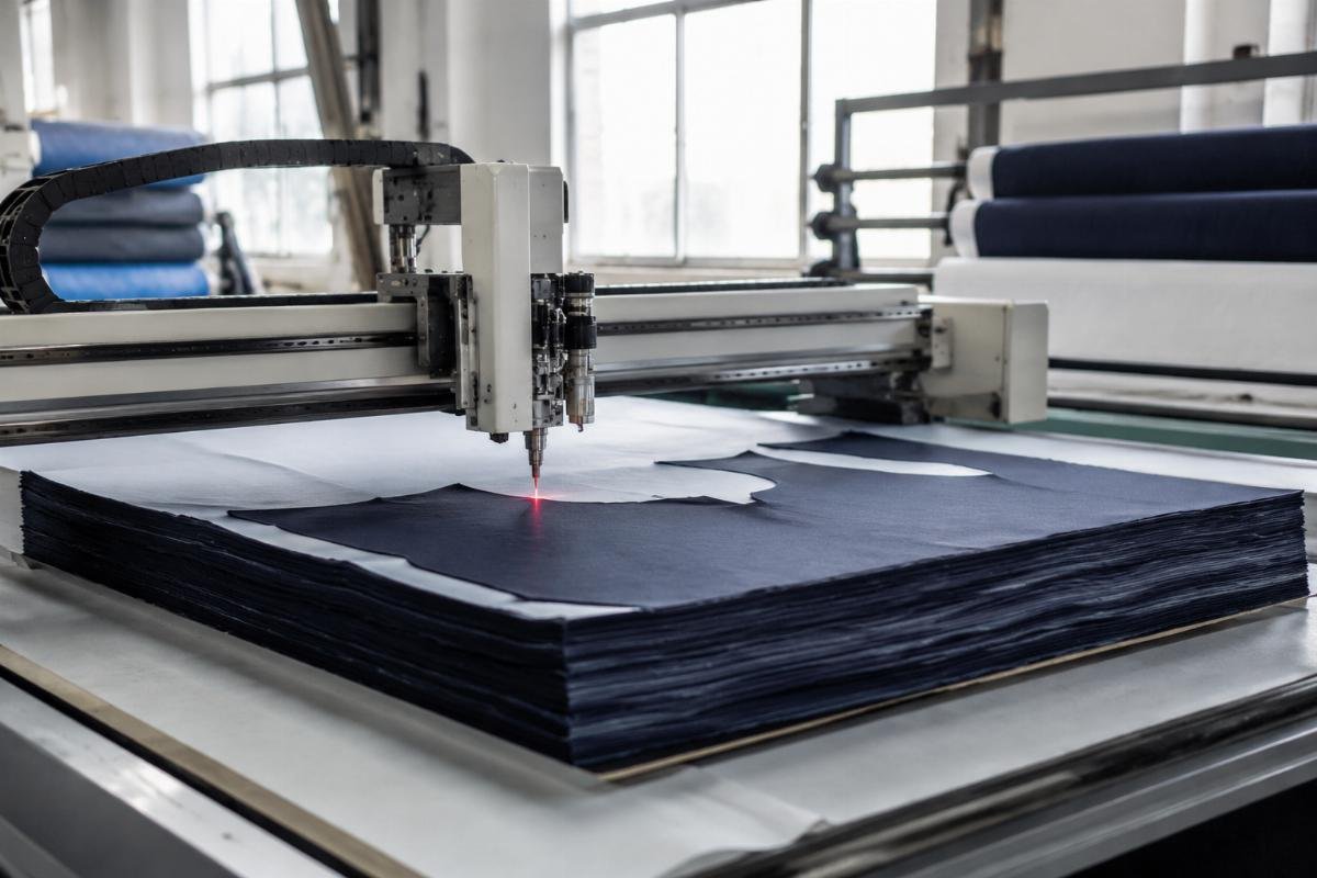 CNC cutting machine processing multiple layers of school uniform fabric in a small workshop