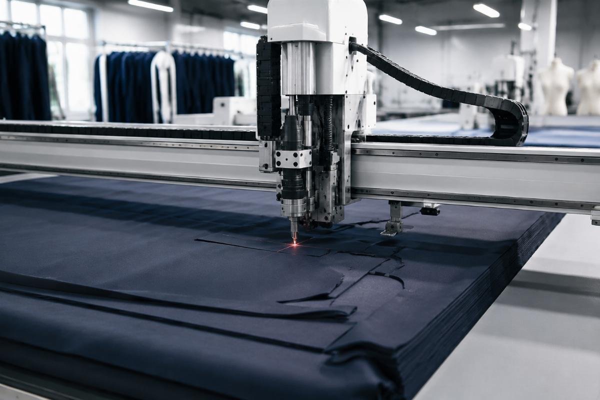A CNC cutting machine running fabric cutting operations in a garment factory