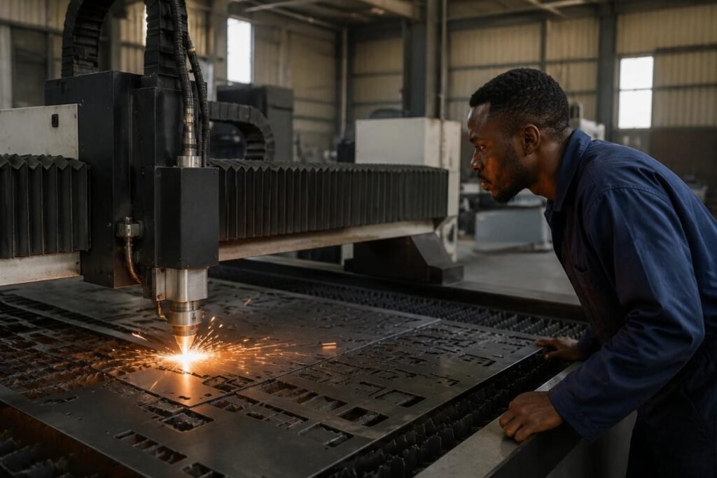 A small workshop operator running a CNC cutting machine on custom carton orders in Nairobi