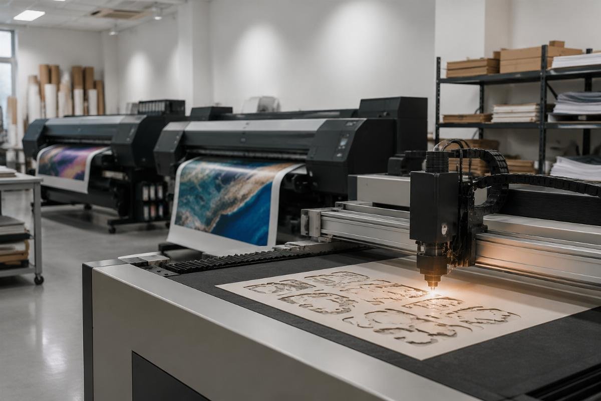 A compact CNC cutting machine operating alongside existing digital printers in a small print shop