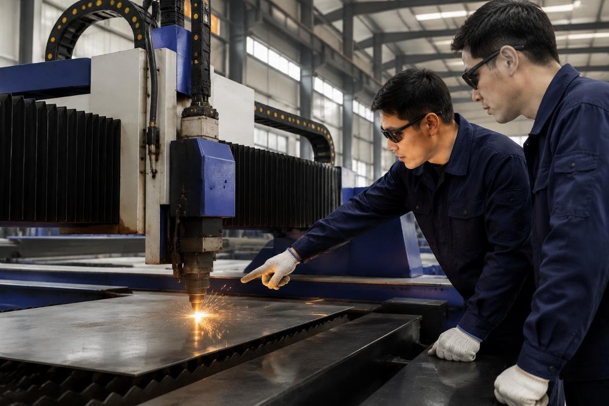 Operator receiving on-site training for CNC cutting machine operation