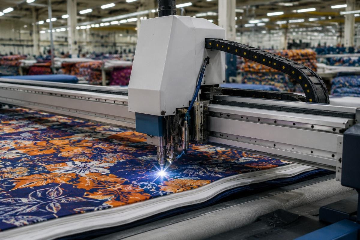 Garment factory production line using CNC cutting machine for multi-layer fabric processing