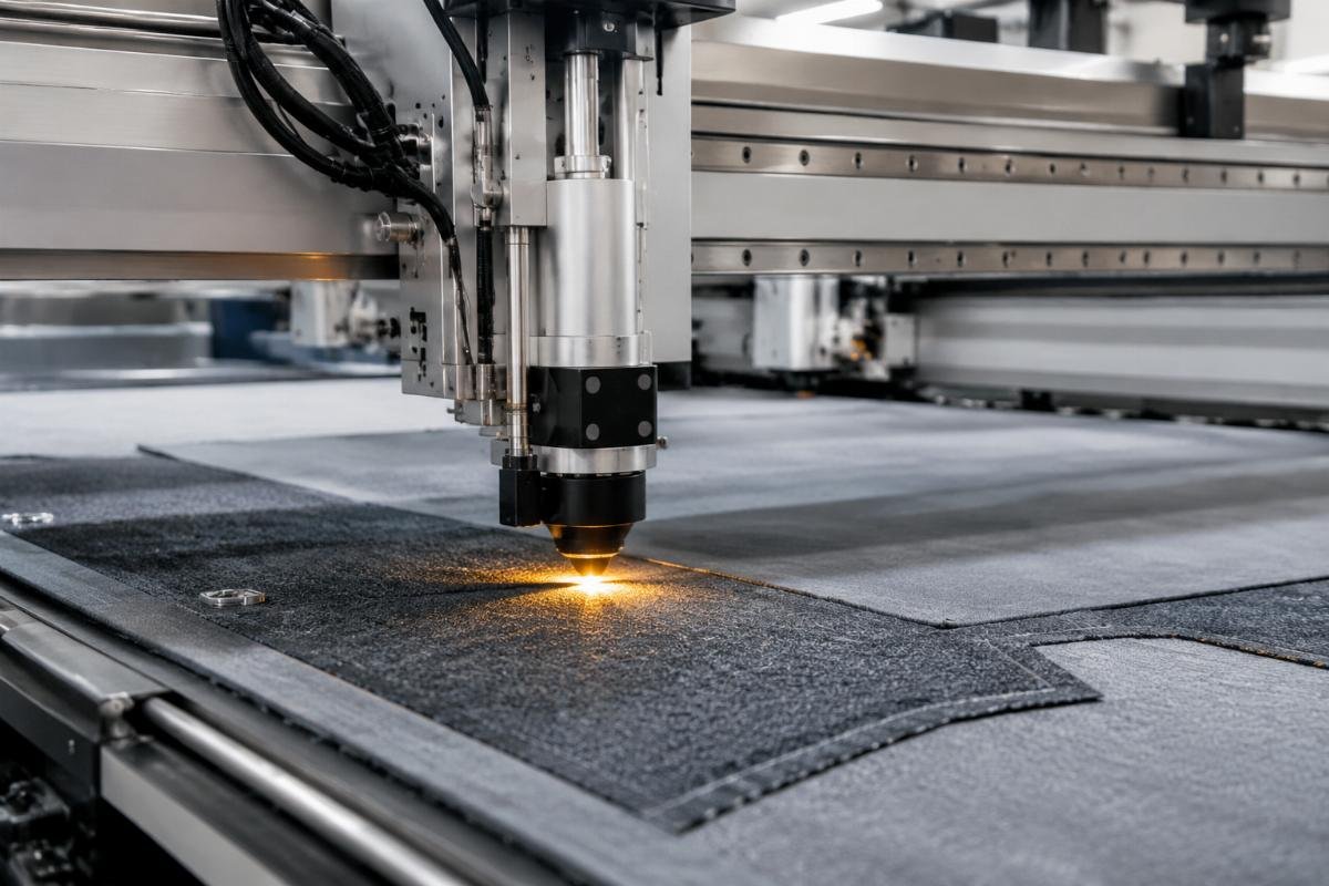 CNC cutting machine processing upholstery fabric on a production line
