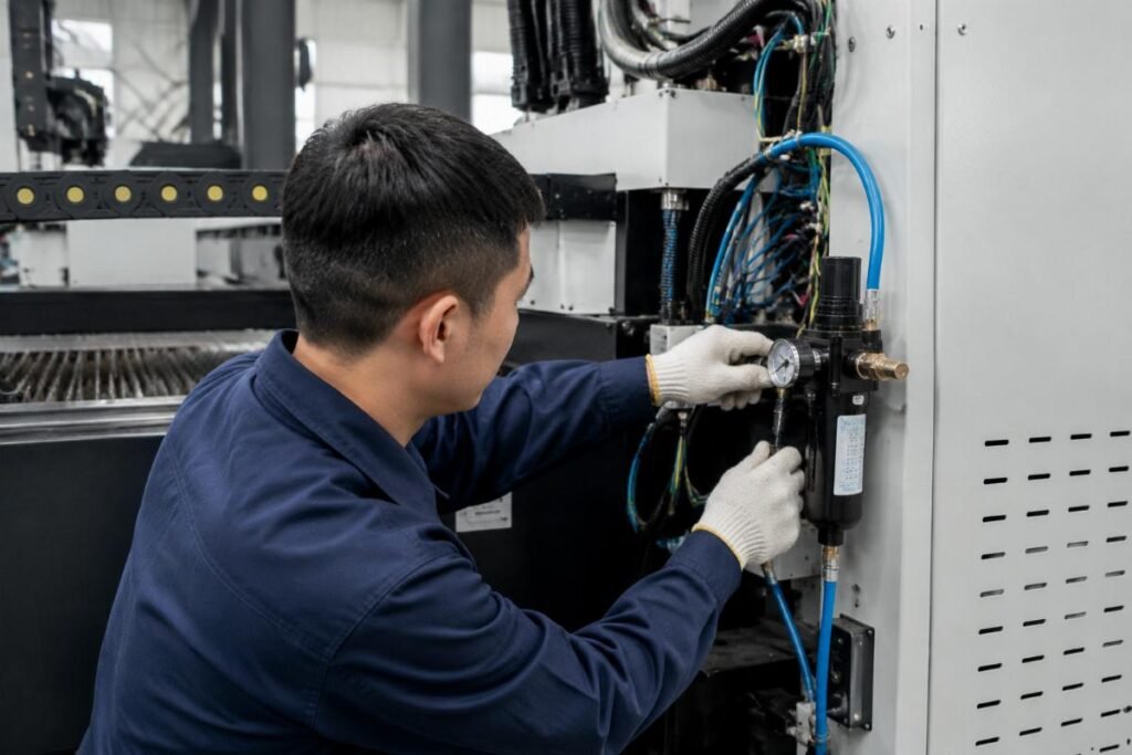 A technician verifying compressed air gauge and power input connections for a CNC cutting machine in a factory floor setting