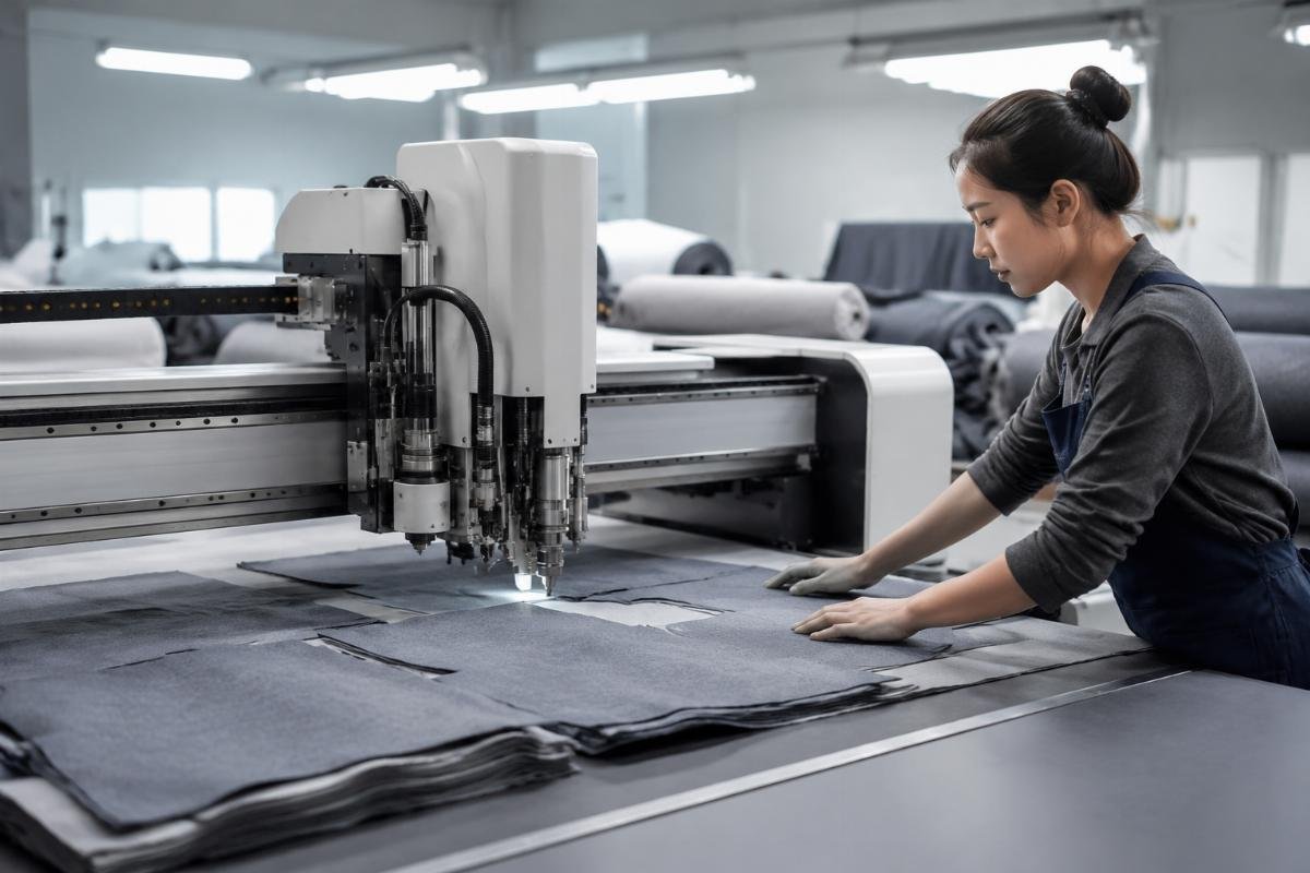 A small garment workshop operator using a CNC fabric cutter to cut multiple layers of textile