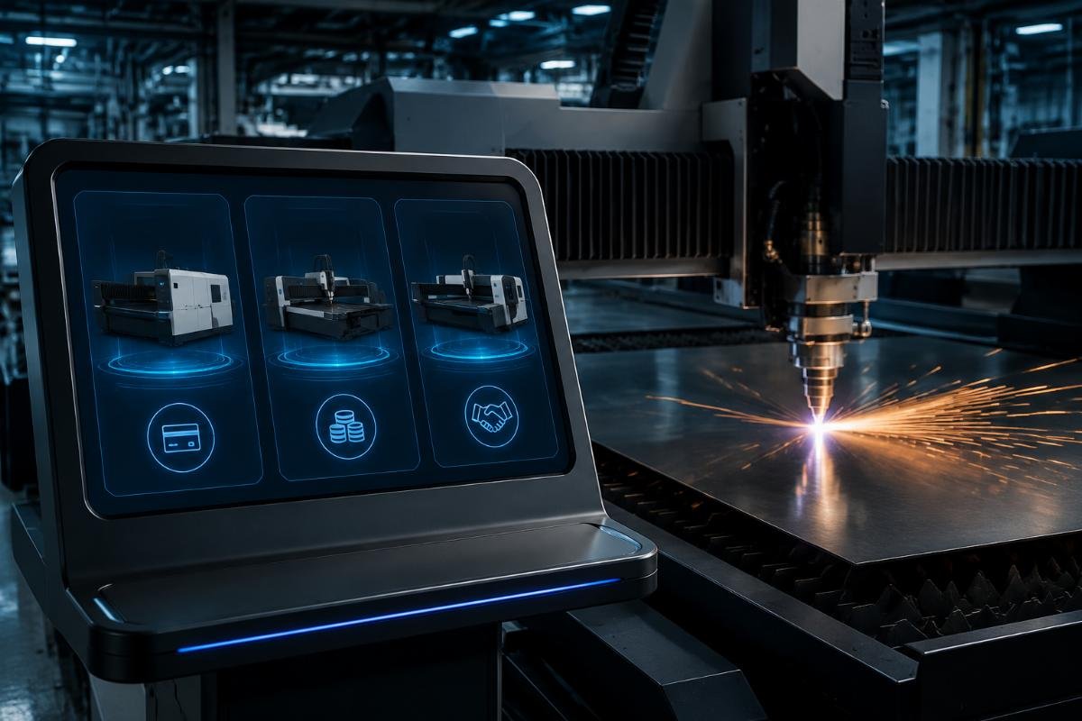 Three types of CNC cutting machine payment plans displayed on a factory digital interface