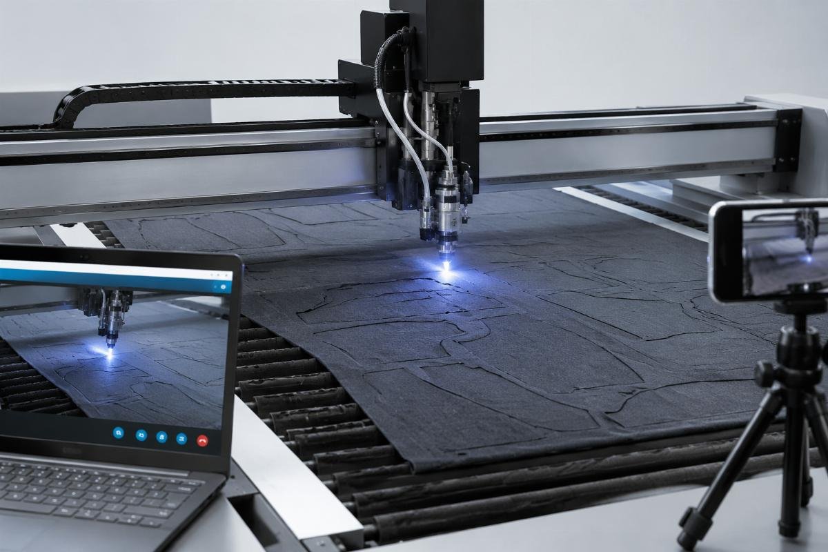 A 1-on-1 live demo session showing a CNC cutting machine processing fabric for a remote buyer