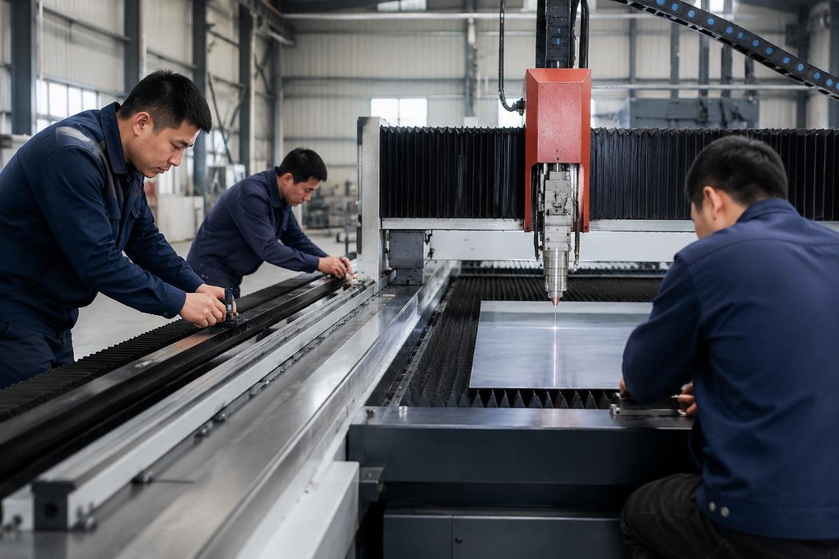 A team of technicians completing level calibration for a large format CNC cutting machine in a factory workshop