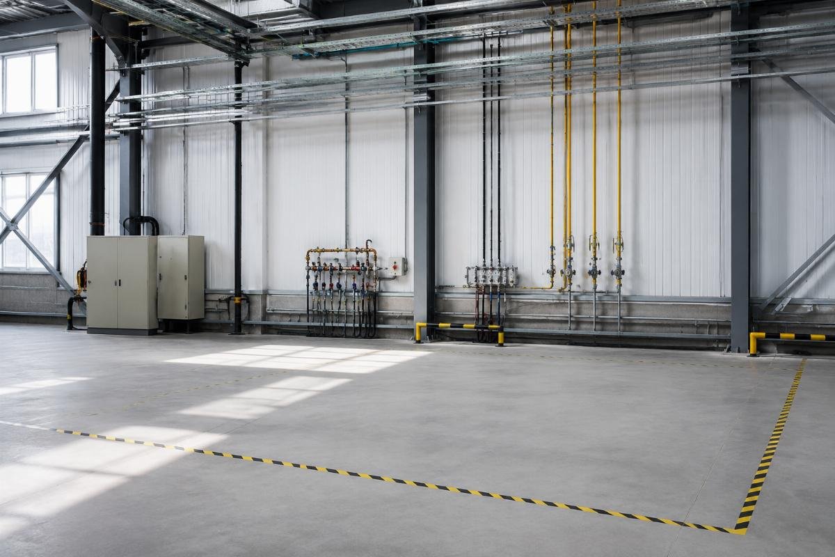 A clean, organized workshop prepped for CNC cutting machine delivery with marked floor zones and confirmed utility access