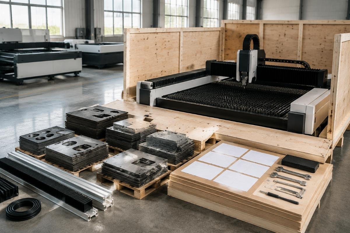 Stacks of test materials and pre-installation checklists laid out next to a crated CNC cutting machine