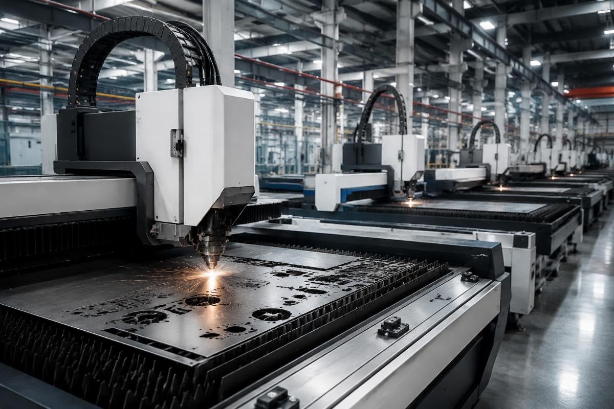 A factory floor with CNC cutting machines running alongside production lines, labeled with capacity matching notes