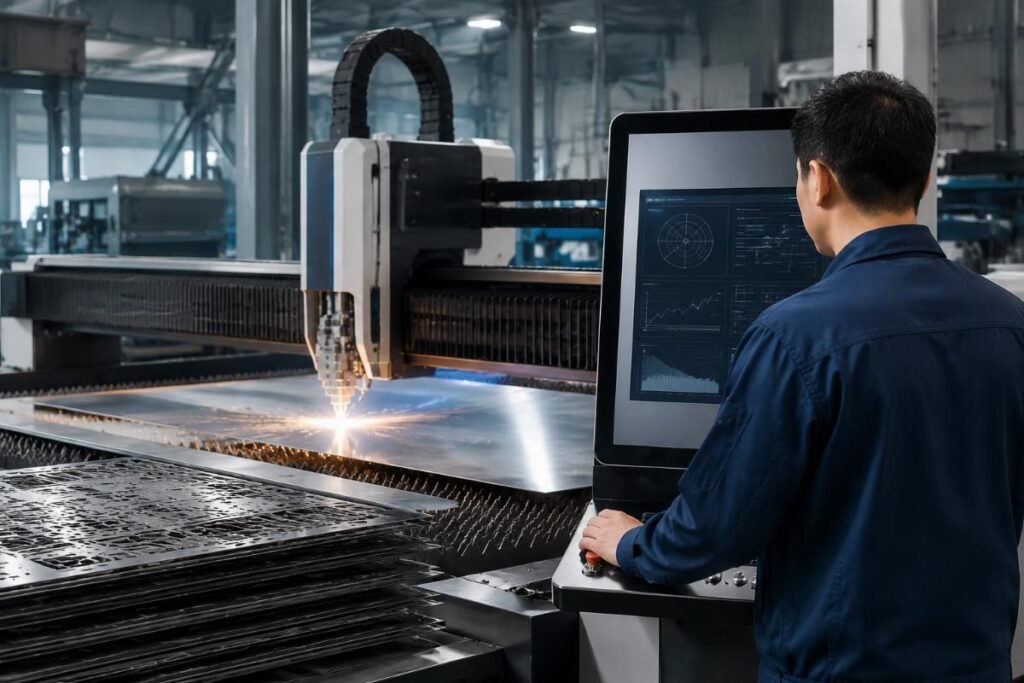 A factory floor operator running a multi-layer CNC cutting machine with visible material waste tracking metrics on the control panel