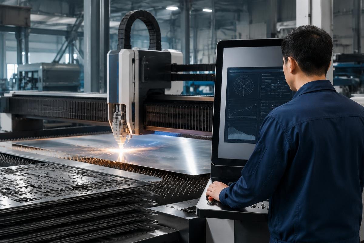 A factory floor operator running a multi-layer CNC cutting machine with visible material waste tracking metrics on the control panel