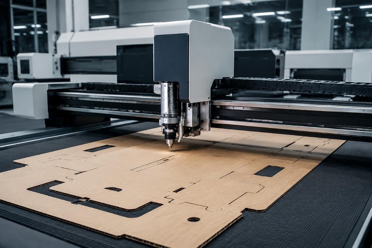 A purpose-built packaging CNC cutting machine running short-run corrugated box prototype cuts without custom dies