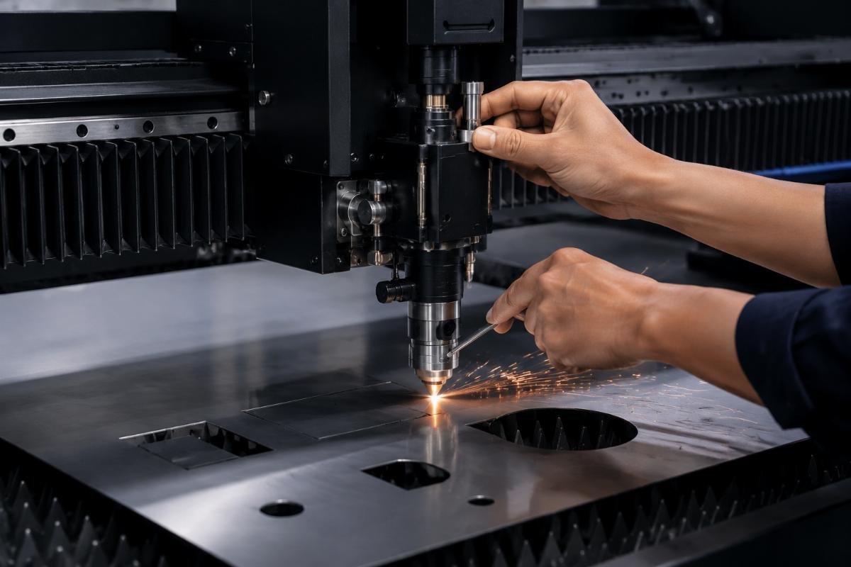 Technician adjusting tool head gap and running test cuts on a CNC cutting machine