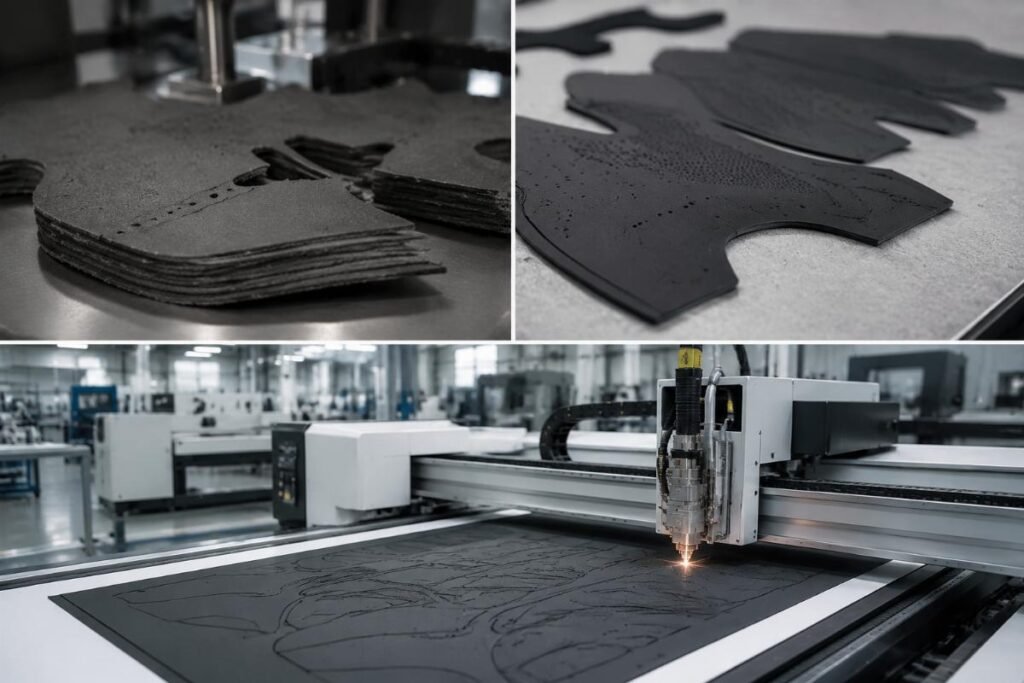 Side-by-side comparison of traditional die cutting and CNC cutting output for shoe uppers