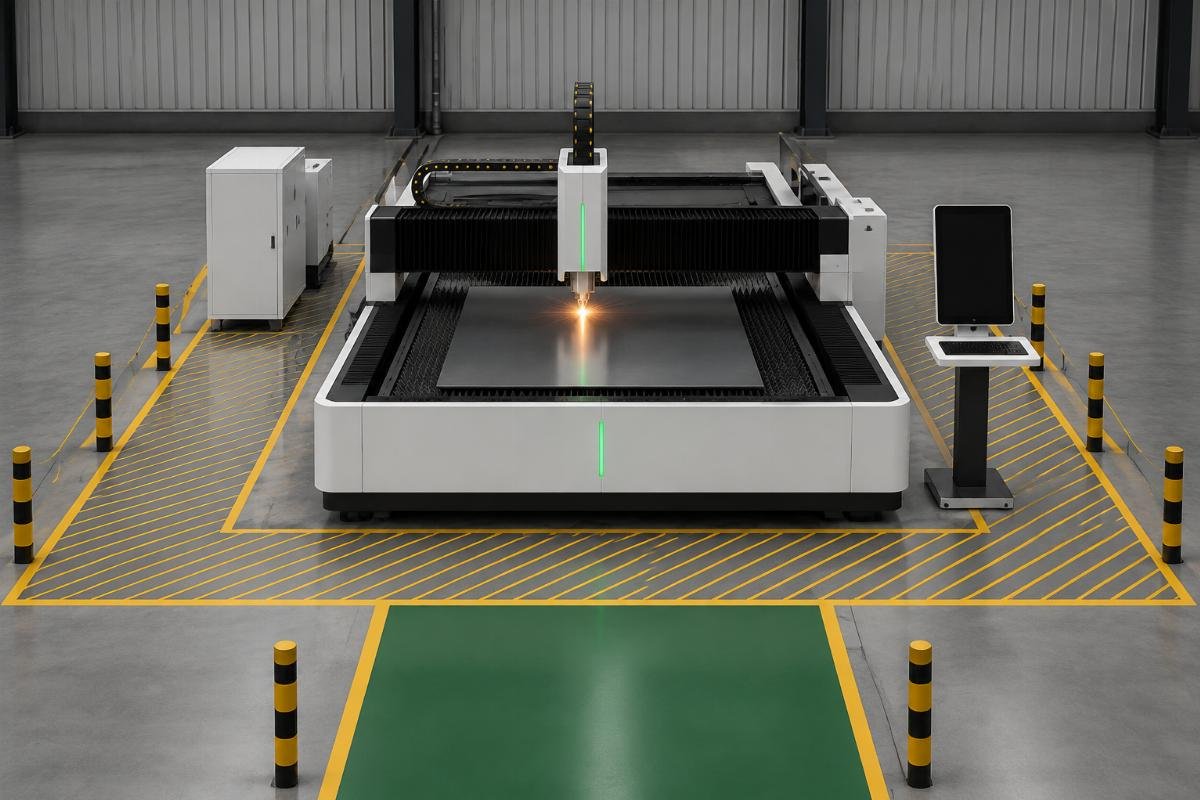 CNC cutting single station layout with marked operation channel and safety zone